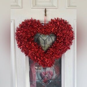14” Red  Tinsel Heart Valentines Day Wreath, Heart Door Hanger Wall Decor